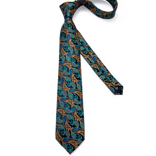 New Navy Blue Golden Paisley Necktie Pocket Square Cufflinks Set