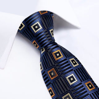 New Deep Blue Plaid Silk Necktie Pocket Square Cufflinks Set