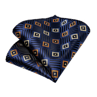 New Deep Blue Plaid Silk Necktie Pocket Square Cufflinks Set