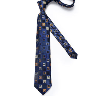 New Deep Blue Plaid Silk Necktie Pocket Square Cufflinks Set
