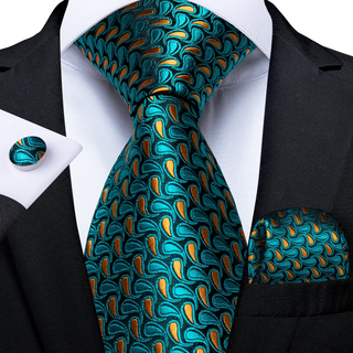 New Light Turquoise Green Paisley Silk Necktie Pocket Square Cufflinks Set
