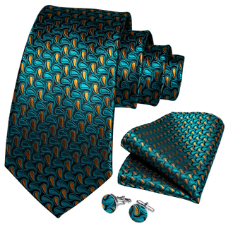 New Light Turquoise Green Paisley Silk Necktie Pocket Square Cufflinks Set