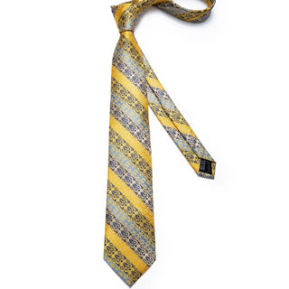 New Yellow Blue Floral Necktie Pocket Square Cufflinks Set