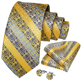 New Yellow Blue Floral Necktie Pocket Square Cufflinks Set