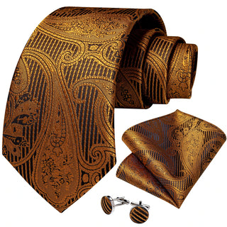 Gold Brown Paisley Silk Necktie Pocket Square Cufflinks Set