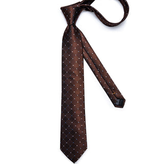 Brown Plaid Polka Dot Silk Necktie Pocket Square Cufflinks Set