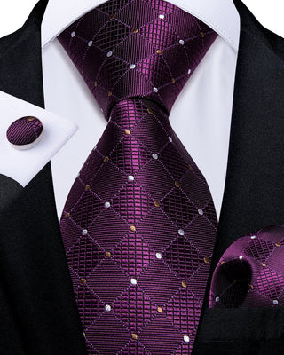 Purple White Plaid Silk Necktie Pocket Square Cufflinks Set