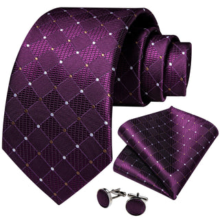 Purple White Plaid Silk Necktie Pocket Square Cufflinks Set