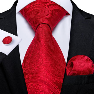 New Solid Red Paisley Silk Necktie Pocket Square Cufflinks Set