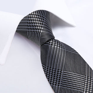 Grey White Striped Plaid Silk Necktie Pocket Square Cufflinks Set