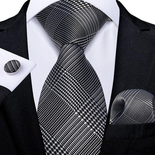 Grey White Striped Plaid Silk Necktie Pocket Square Cufflinks Set