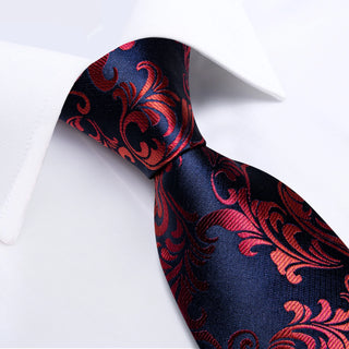 Red Floral Blue Silk Necktie Pocket Square Cufflinks Set