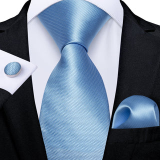 Solid Sky Blue Silk Necktie Pocket Square Cufflinks Set