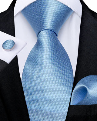 Solid Sky Blue Silk Necktie Pocket Square Cufflinks Set