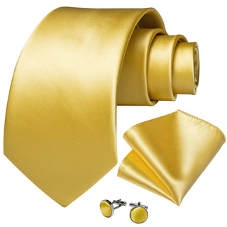 Solid Yellow Silk Necktie Pocket Square Cufflinks Set
