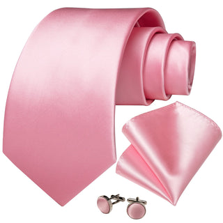 Pink Solid Men's Silk Necktie Pocket Square Cufflinks Set