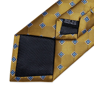 Yellow Blue Plaid Silk Necktie Pocket Square Cufflinks Set