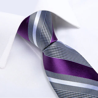 Silver Purple Striped Silk Necktie Pocket Square Cufflinks Set