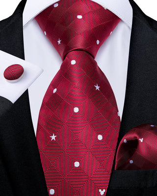 Red White Plaid Novelty Silk Necktie Pocket Square Cufflinks Set