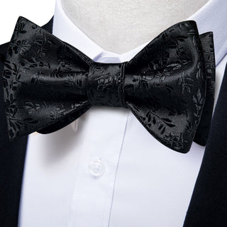 Solid Black Floral Bow Tie Pocket Square Cufflinks Set
