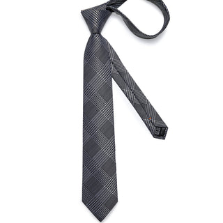 Grey White Striped Plaid Silk Necktie Pocket Square Cufflinks Set