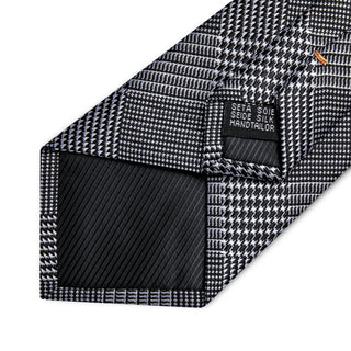 Grey White Striped Plaid Silk Necktie Pocket Square Cufflinks Set