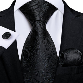 Dark Black Paisley Silk Necktie Pocket Square Cufflinks Set