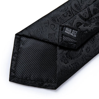 Dark Black Paisley Silk Necktie Pocket Square Cufflinks Set