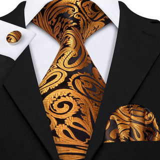 Gold Paisley Silk Necktie Pocket Square Cufflinks Set