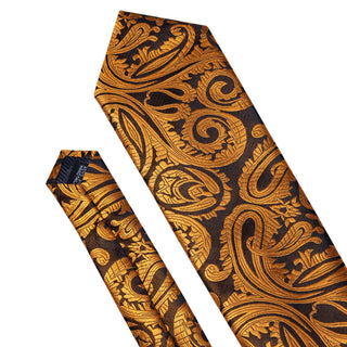 Gold Paisley Silk Necktie Pocket Square Cufflinks Set
