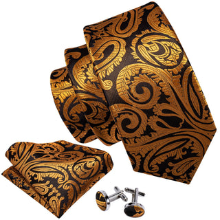 Gold Paisley Silk Necktie Pocket Square Cufflinks Set