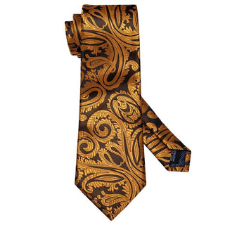 Golden Paisley Men's Silk Necktie Pocket Square Cufflinks Set