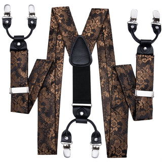 Luxury Brown Floral Brace Clip-on Men's Suspender with Bow Tie Set
