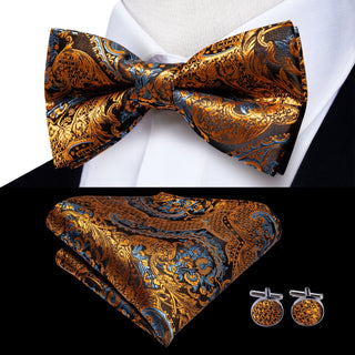 Luxury Golden Paisley Brace Clip-on Men's Suspenders with Bow Tie Set