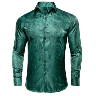 Dark Green Paisley Silk Long Sleeve Shirt