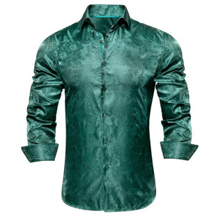 Dark Green Paisley Silk Long Sleeve Shirt