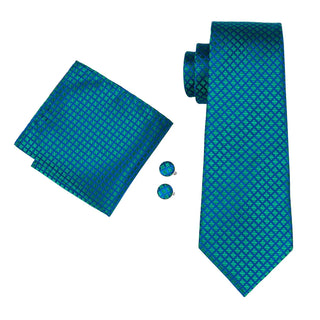 New Teal Blue Plaid Silk Necktie Pocket Square Cufflinks Set