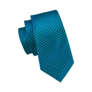 New Teal Blue Plaid Silk Necktie Pocket Square Cufflinks Set