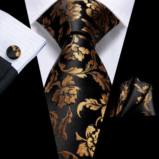 Business Floral Gold Black Silk Necktie Pocket Square Cufflinks Set
