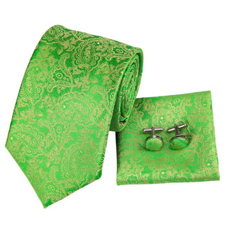 Green Floral Silk Men's Necktie Pocket Square Cufflinks Set
