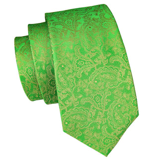 Green Floral Silk Men's Necktie Pocket Square Cufflinks Set