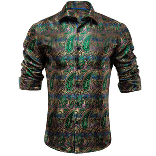 New Black Green Paisley Silk Long Sleeve Shirt