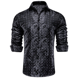 New Paisley Black White Novelty Men's Silk Long Sleeve Shirt