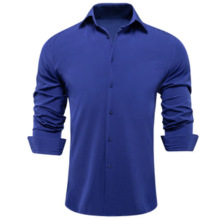 New Solid Navy Blue Men's Formal Silk Long Sleeve Shirt