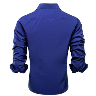 New Solid Navy Blue Men's Formal Silk Long Sleeve Shirt