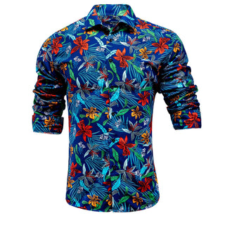New Blue Red Yellow Floral Silk Long Sleeve Shirt