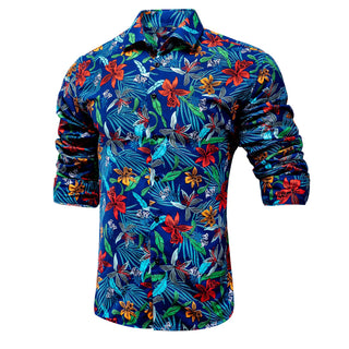New Blue Red Yellow Floral Silk Long Sleeve Shirt