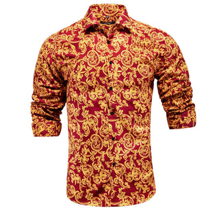 Red Yellow Floral Silk Long Sleeve Shirt