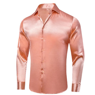 New Coral Pink Satin Men's Silk Long Sleeve Shirt