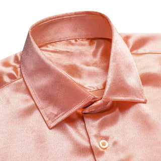 New Coral Pink Satin Men's Silk Long Sleeve Shirt